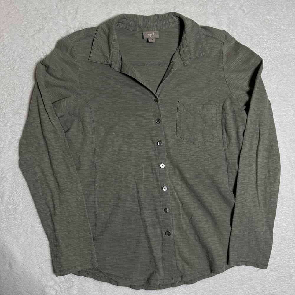 J. Jill Green Slub Knit Button Down Shirt Womens S Long Sleeve Pocket Top Boho